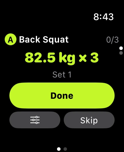 BodyBench on Apple Watch during a session: Back Squat, 82.5 kg by 3, set 1 of 3, with a Done button and a Skip button underneath.